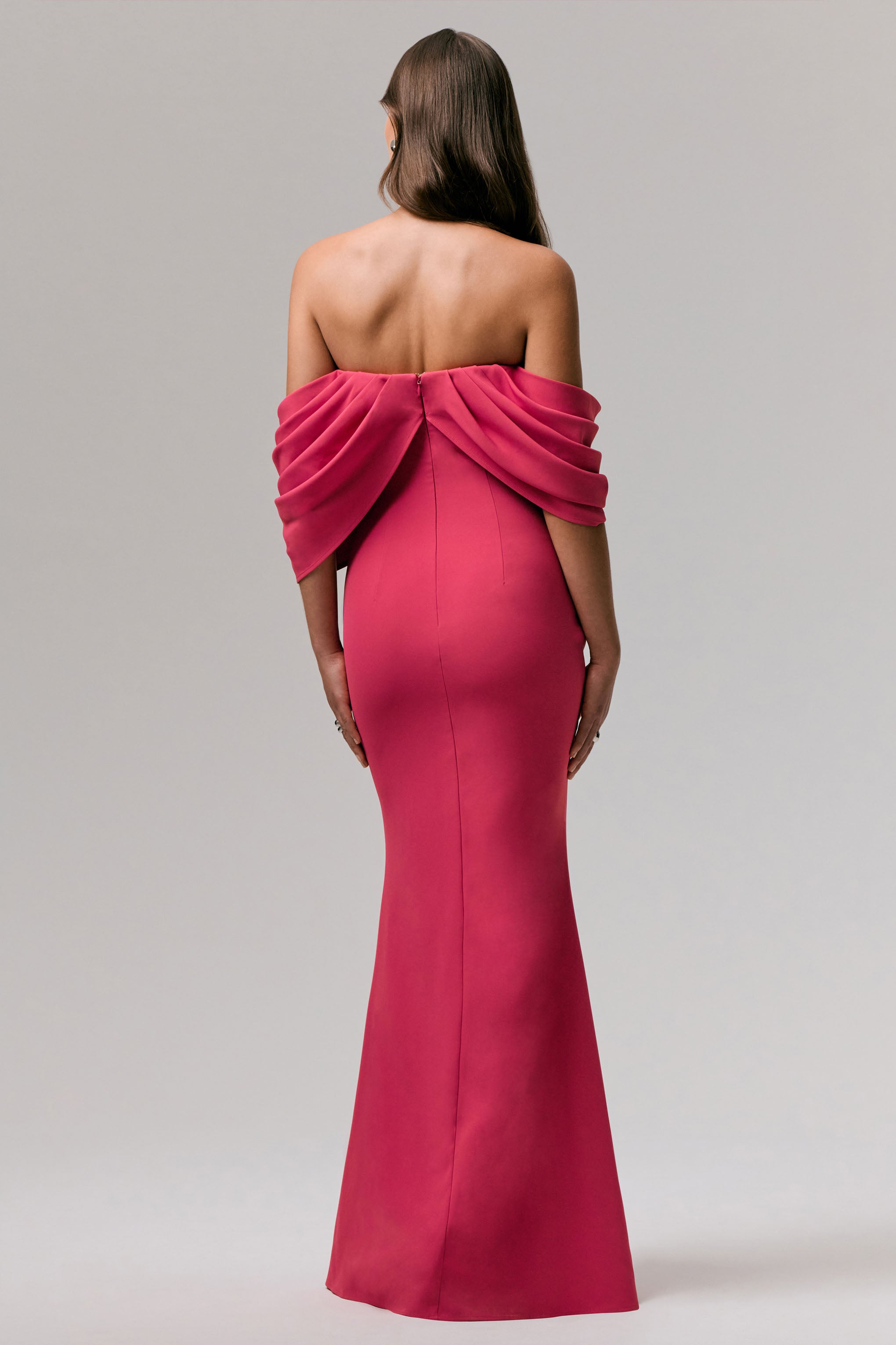 Serene | Sıcak Pembe Drapeli Bardot Maxi Elbise