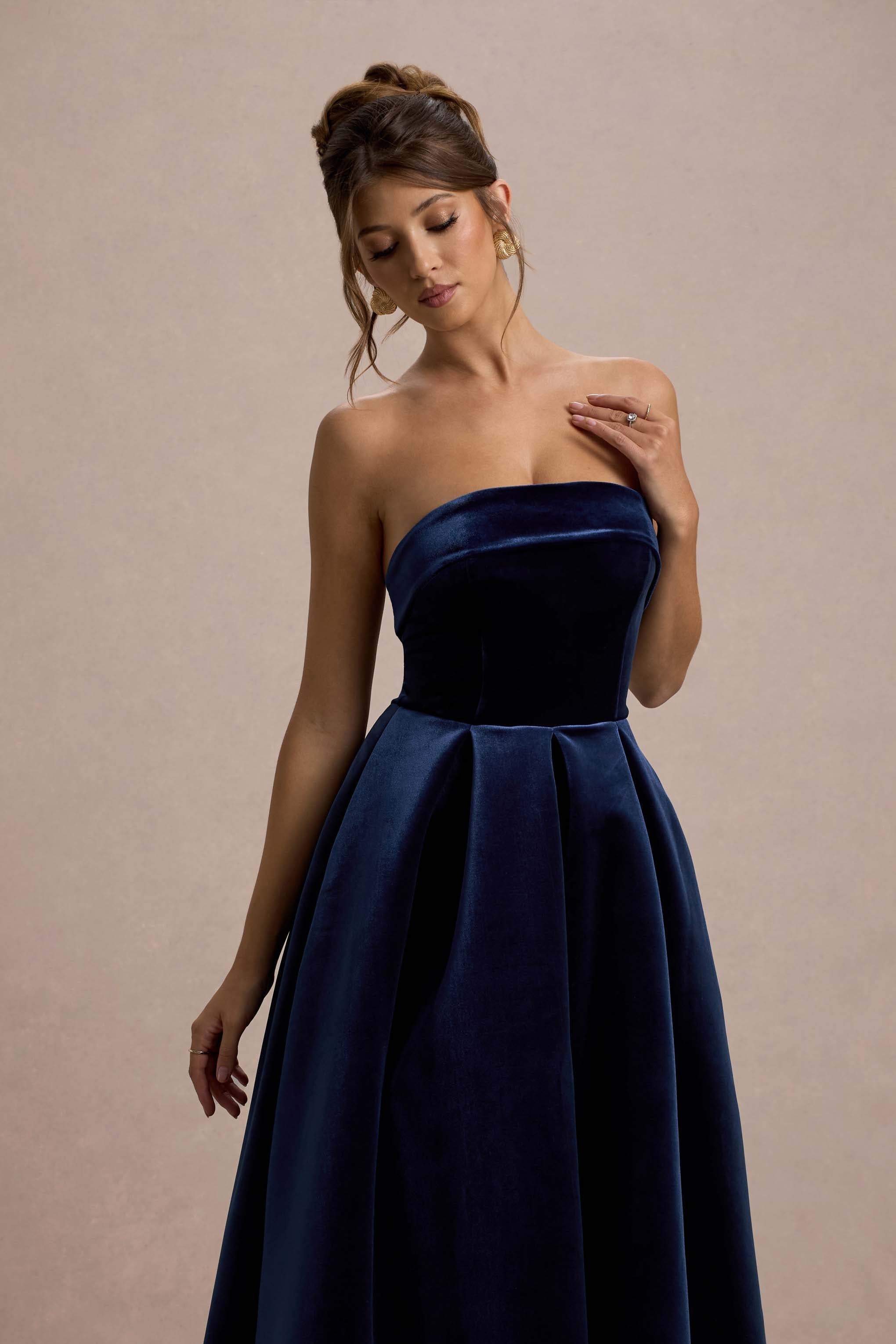 Addina | Lacivert Kadife Bandeau Midi Elbise