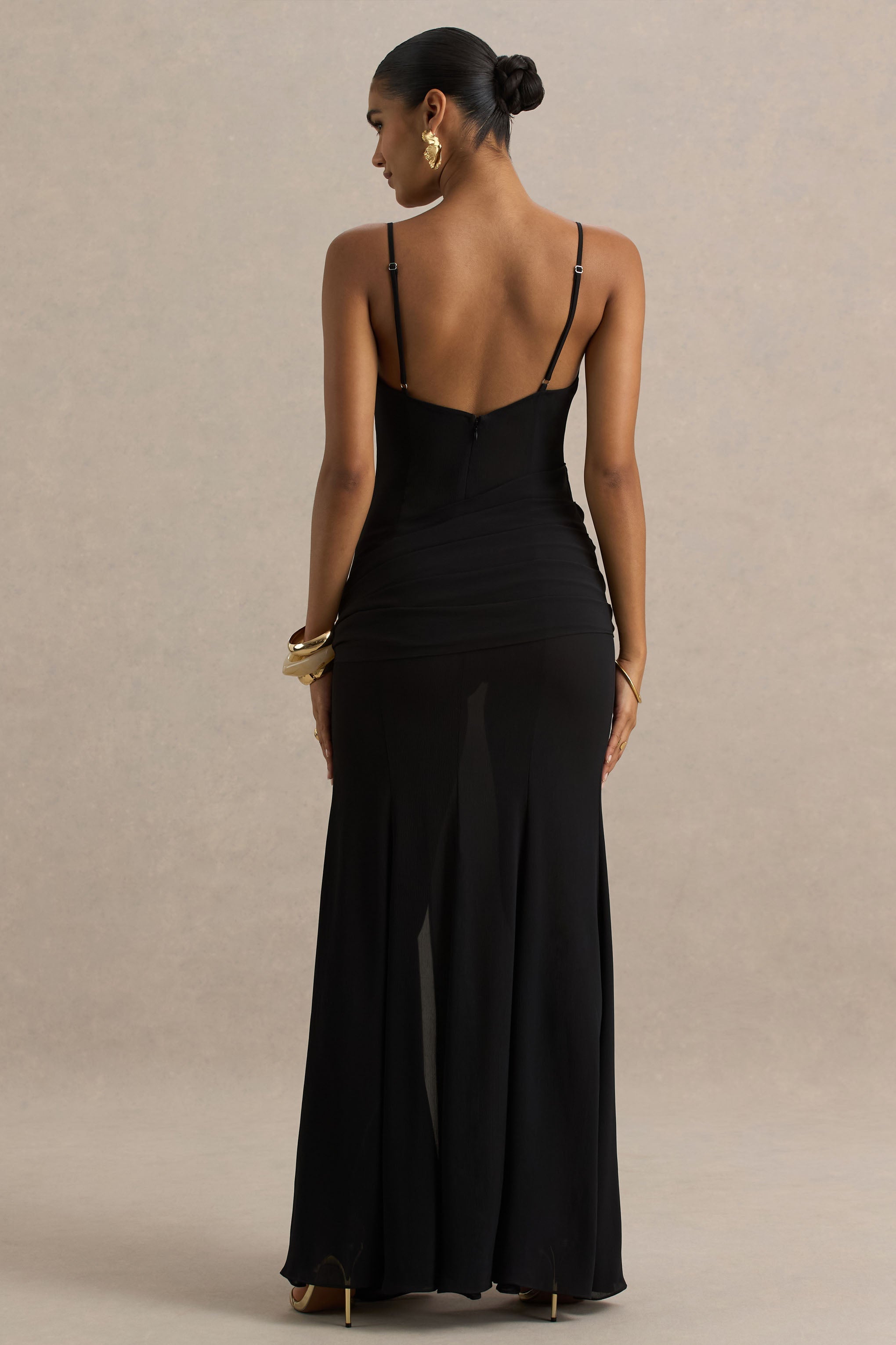 Virtue | Siyah Kapüşonlu Fishtail Maxi Elbise ile Yırtmaç