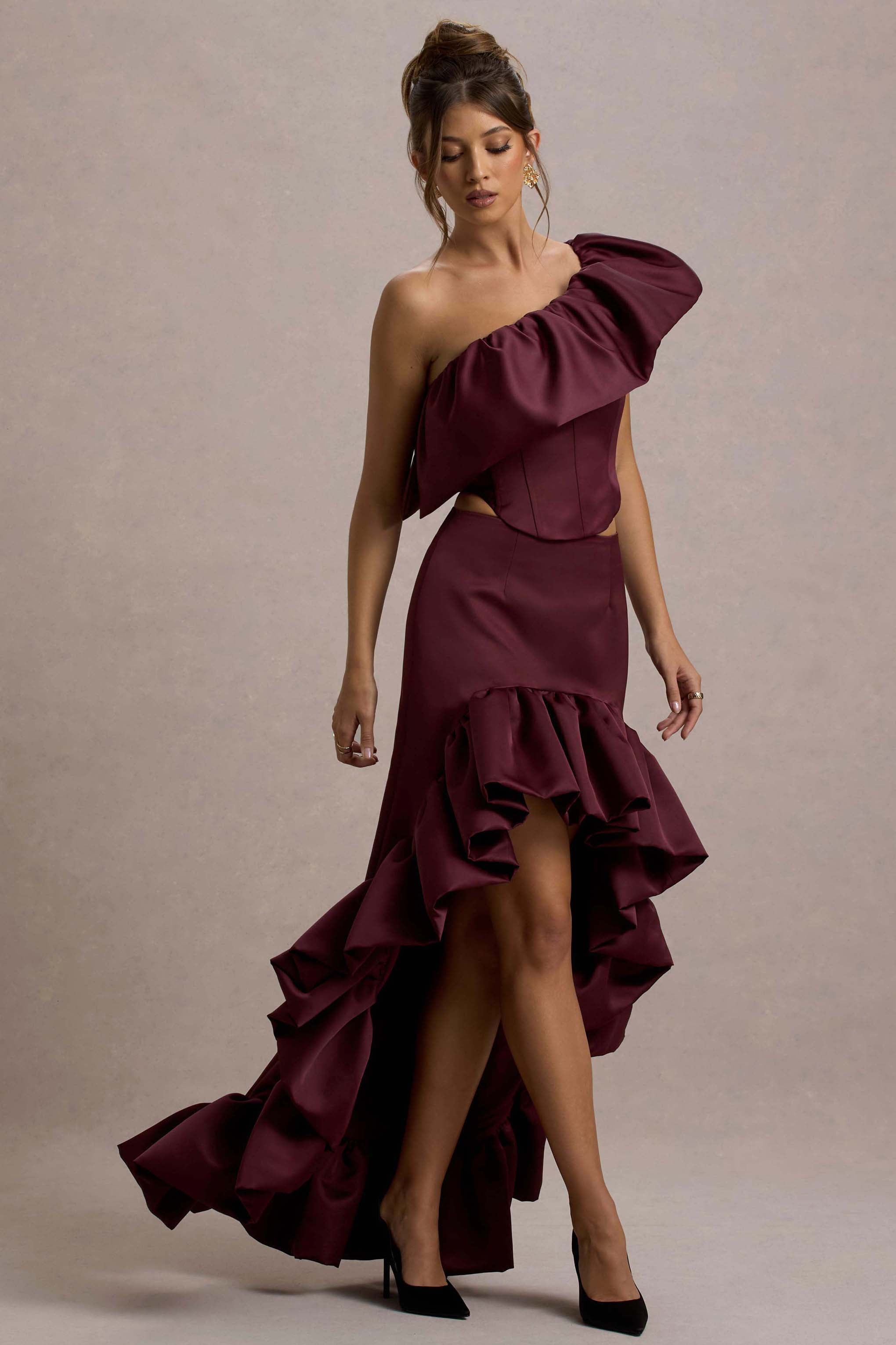Ruby | Merlot Saten Yüksek-Düşük Maxi Etek